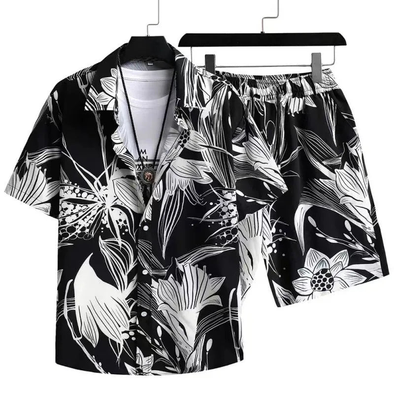 Man wearing a digitally printed short sleeve cardigan and matching shorts suit in colour Suit 52.
