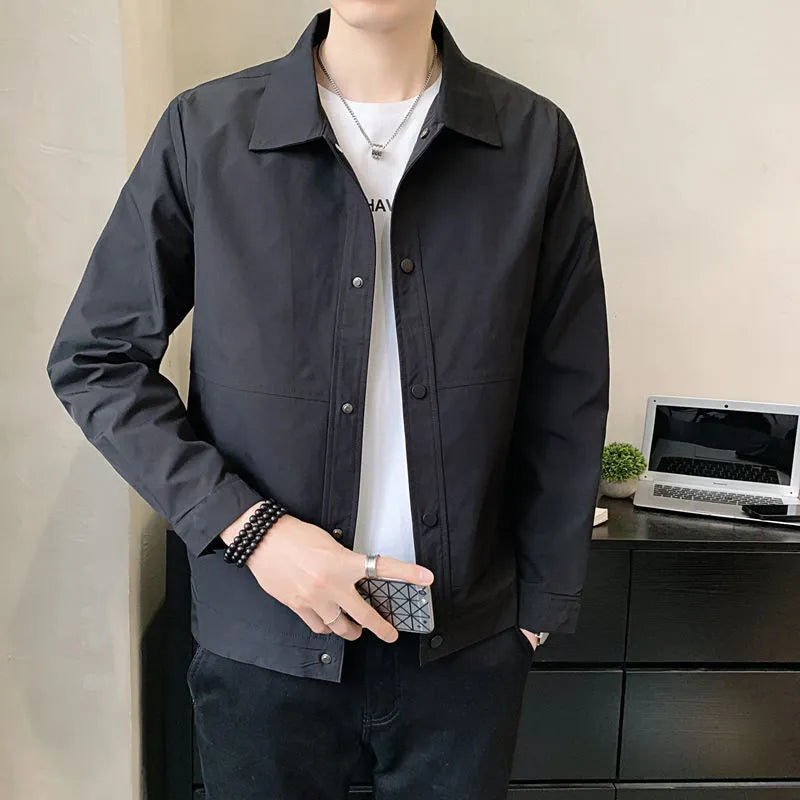 Men's slim-fit single-layer jacket in light grey polyester with Korean style design