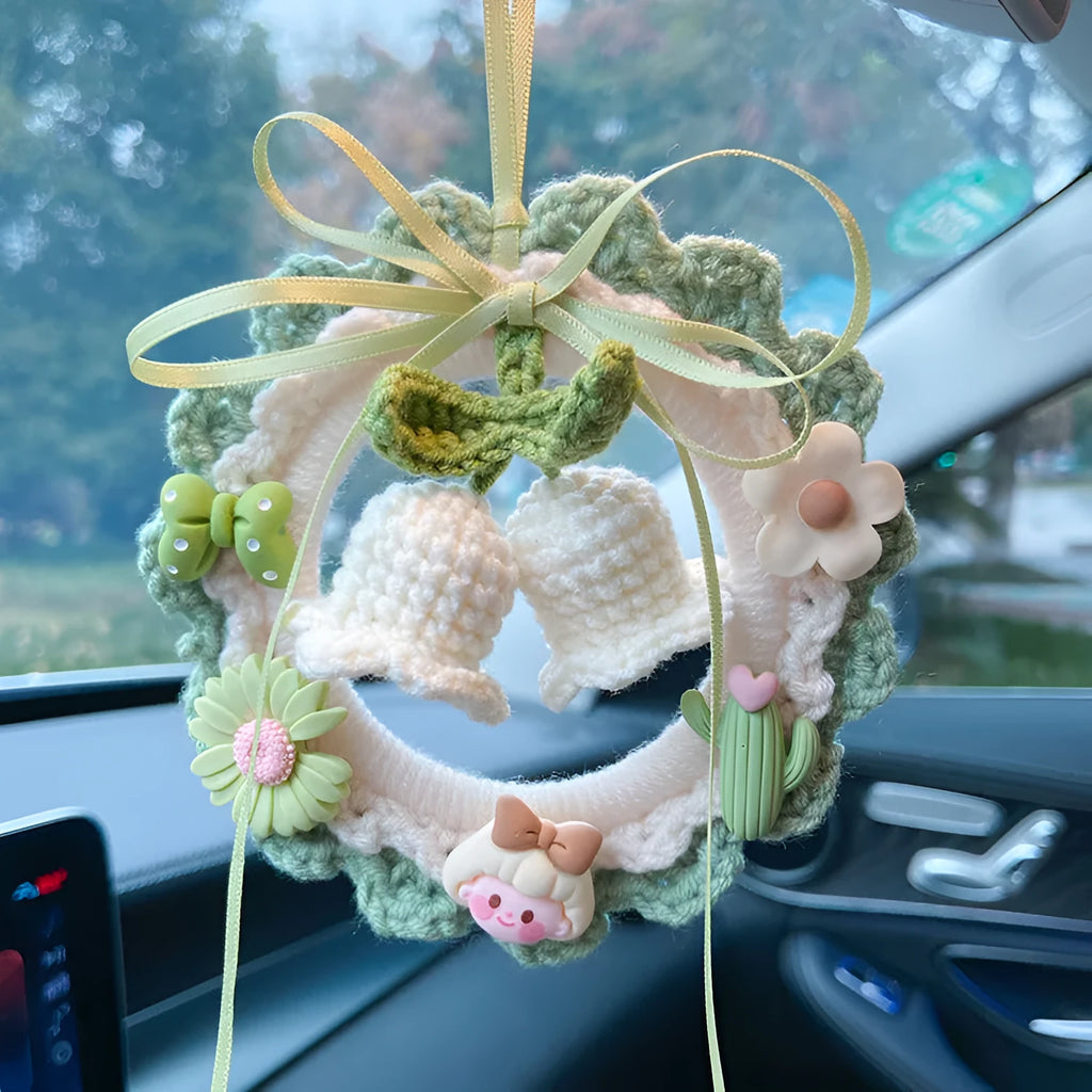 Handmade woven wool bell orchid flower car pendant in green, pink, purple, or yellow colours