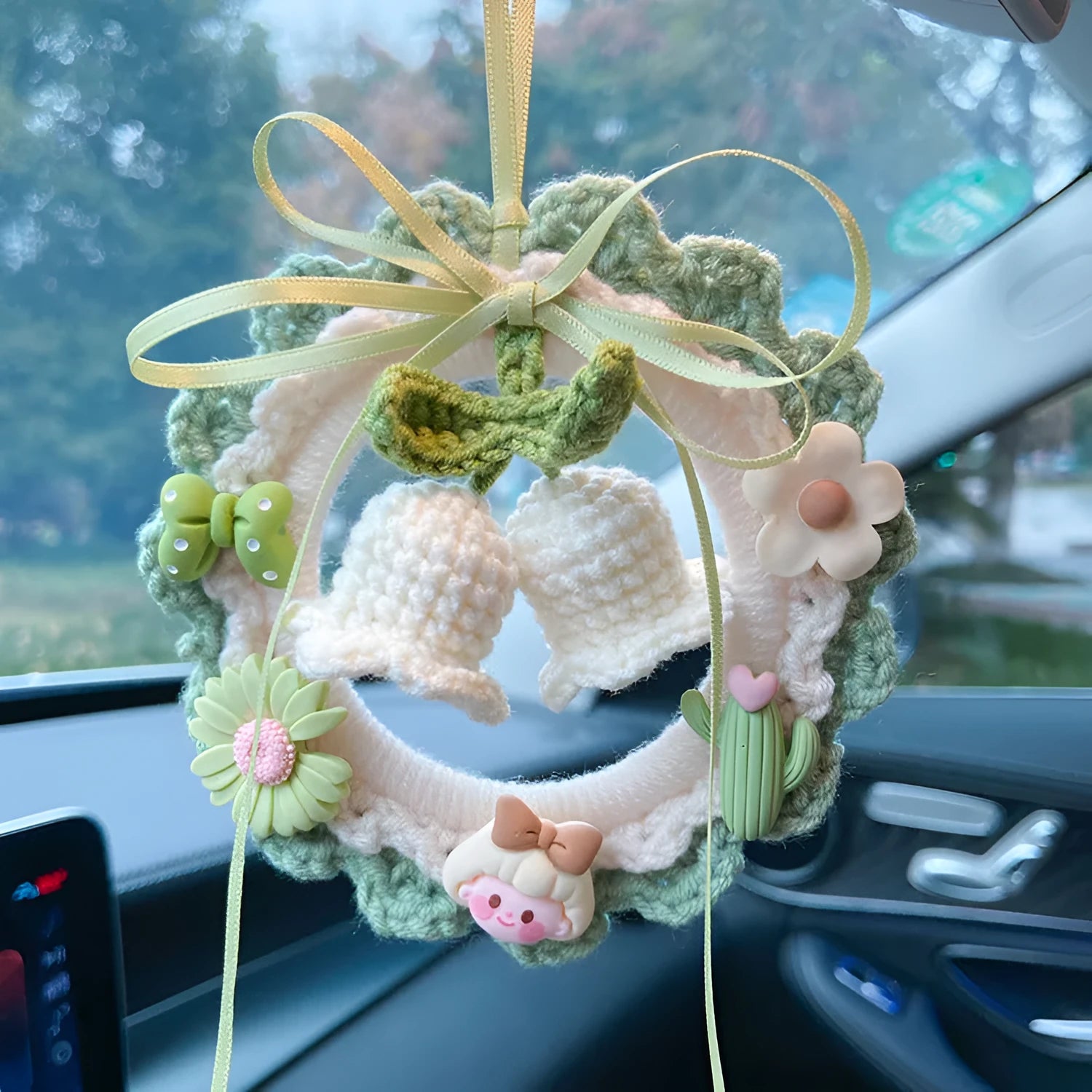 Handmade woven wool bell orchid flower car pendant in green, pink, purple, or yellow colours