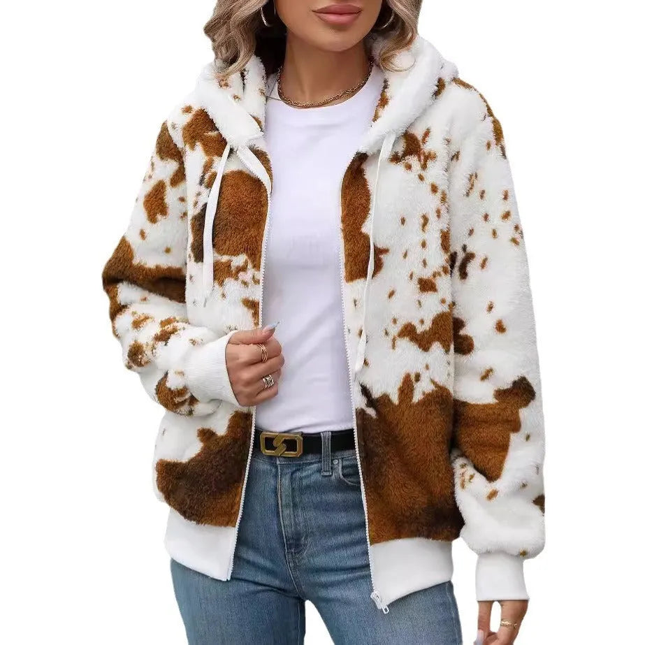 Yellow brown cow print hooded zip up cardigan jacket in plush polyester fabric.