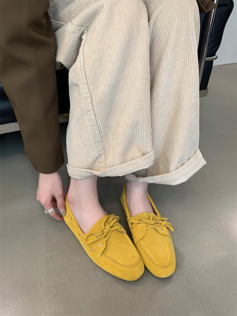 Solid colour retro round head low heel pump shoes for women, thick heel, shallow mouth, available in brown, green, khaki, yellow