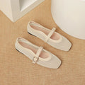 Women's beige mesh summer hiking shoes with square toe and buckle, flat low heel.