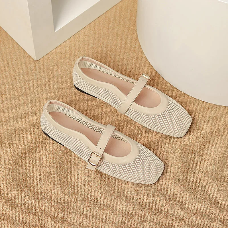 Women's beige mesh summer hiking shoes with square toe and buckle, flat low heel.