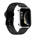 Black smart watch with 1.69 inch screen showing heart rate display on silicone wrist strap