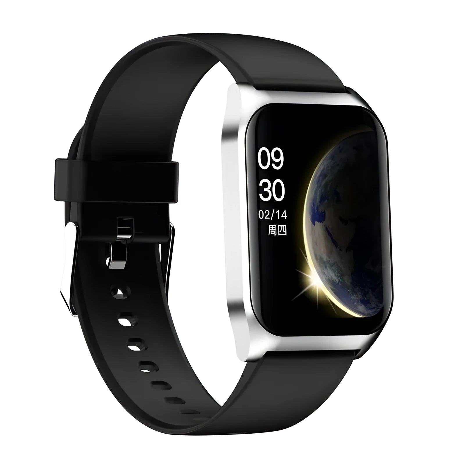 Black smart watch with 1.69 inch screen showing heart rate display on silicone wrist strap