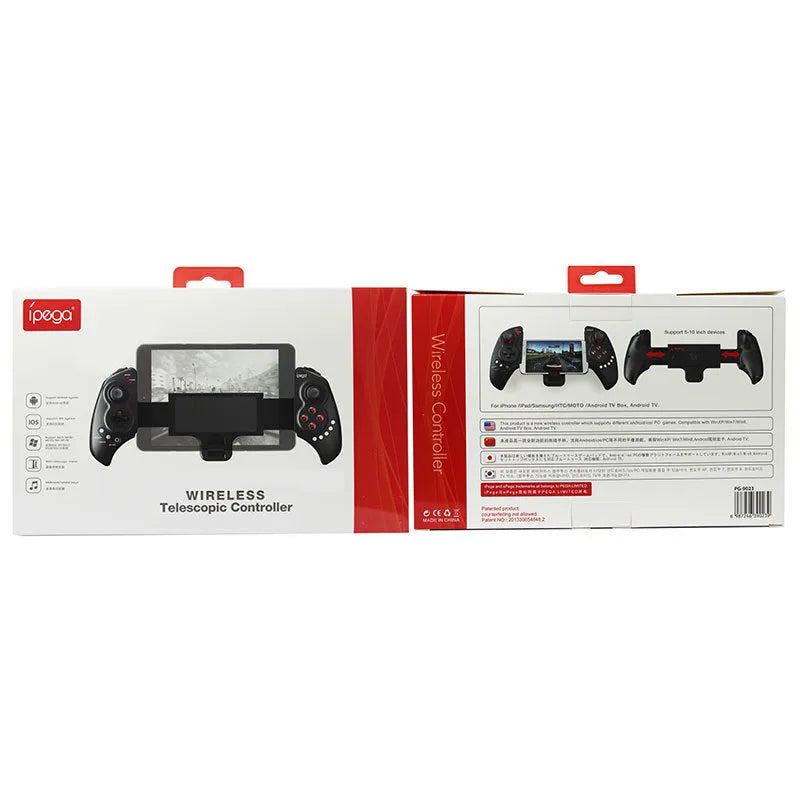 PG-9023 wireless telescopic gamepad controller holding a mobile phone