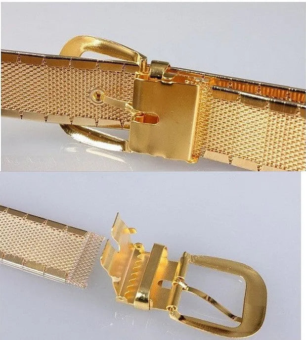 Three shiny belts in gold, silver, and black metallic finish arranged together