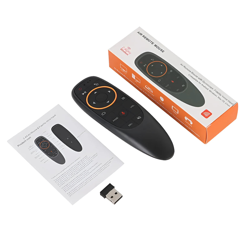 G10S intelligent voice remote control with plastic shell and silicone buttons for Android TV and PC.