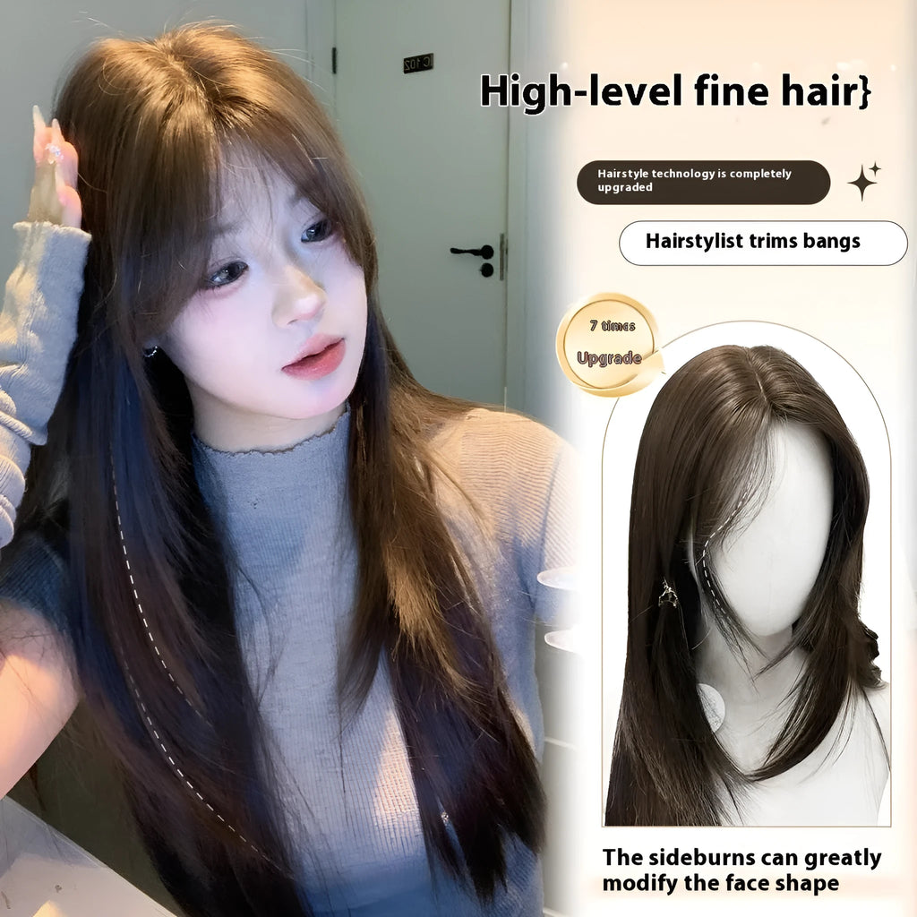 Women's cold brown layered long straight full-head wig with lace-style hair net