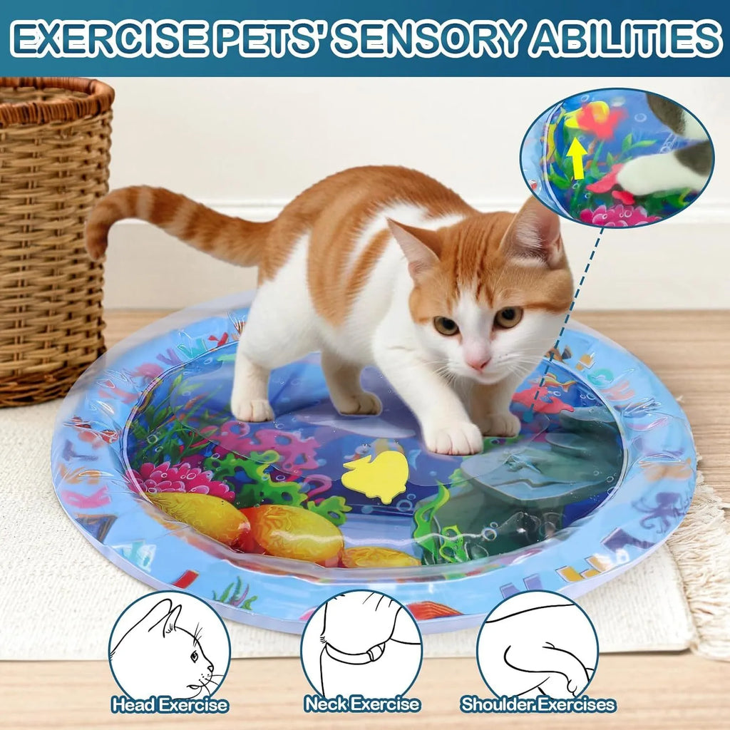 Thickened PVC water playmat for cats and dogs on floor with floating fish toys inside.