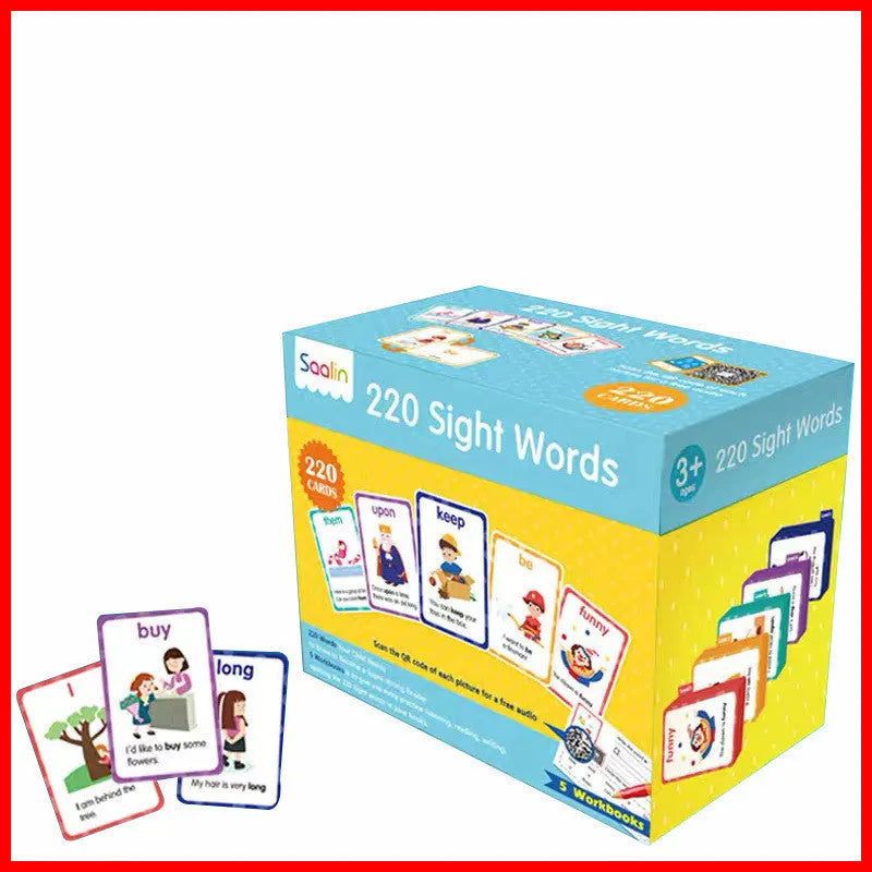 Early learning set showing stack of 220 high-frequency word flash cards and five phonics workbooks for children aged 3+.