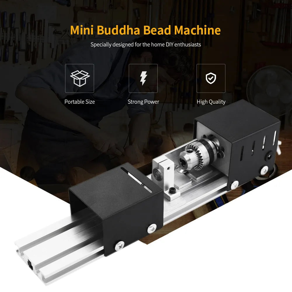 Silver metal mini woodworking lathe with carving tools on workbench