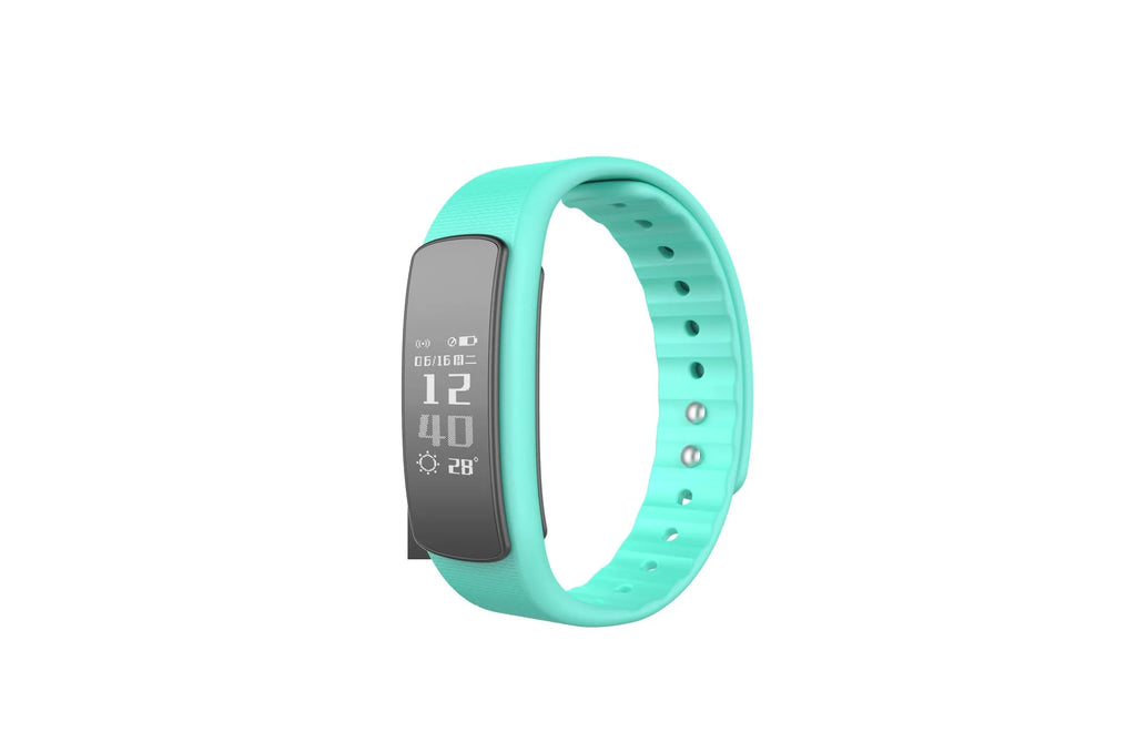 I6 smart sports bracelet with 0.96-inch screen shown on wrist in black and green colour options