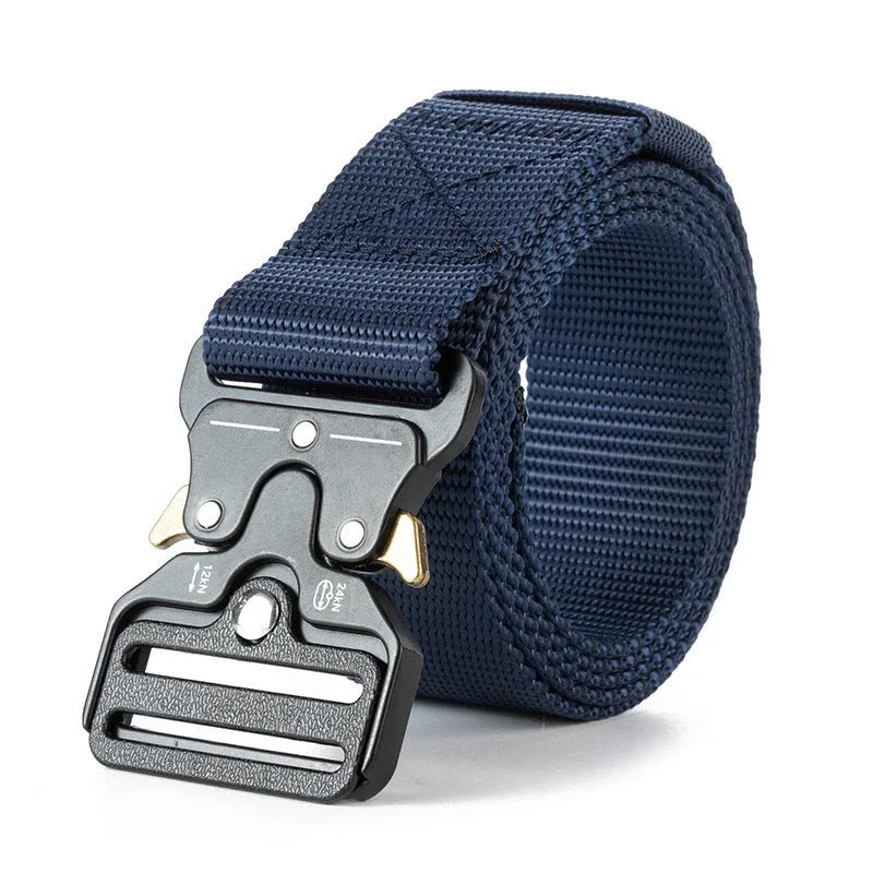 Men's thick canvas tactical belt with an alloy buckle shown in multiple colour options: black, khaki, green, blue, and brown.