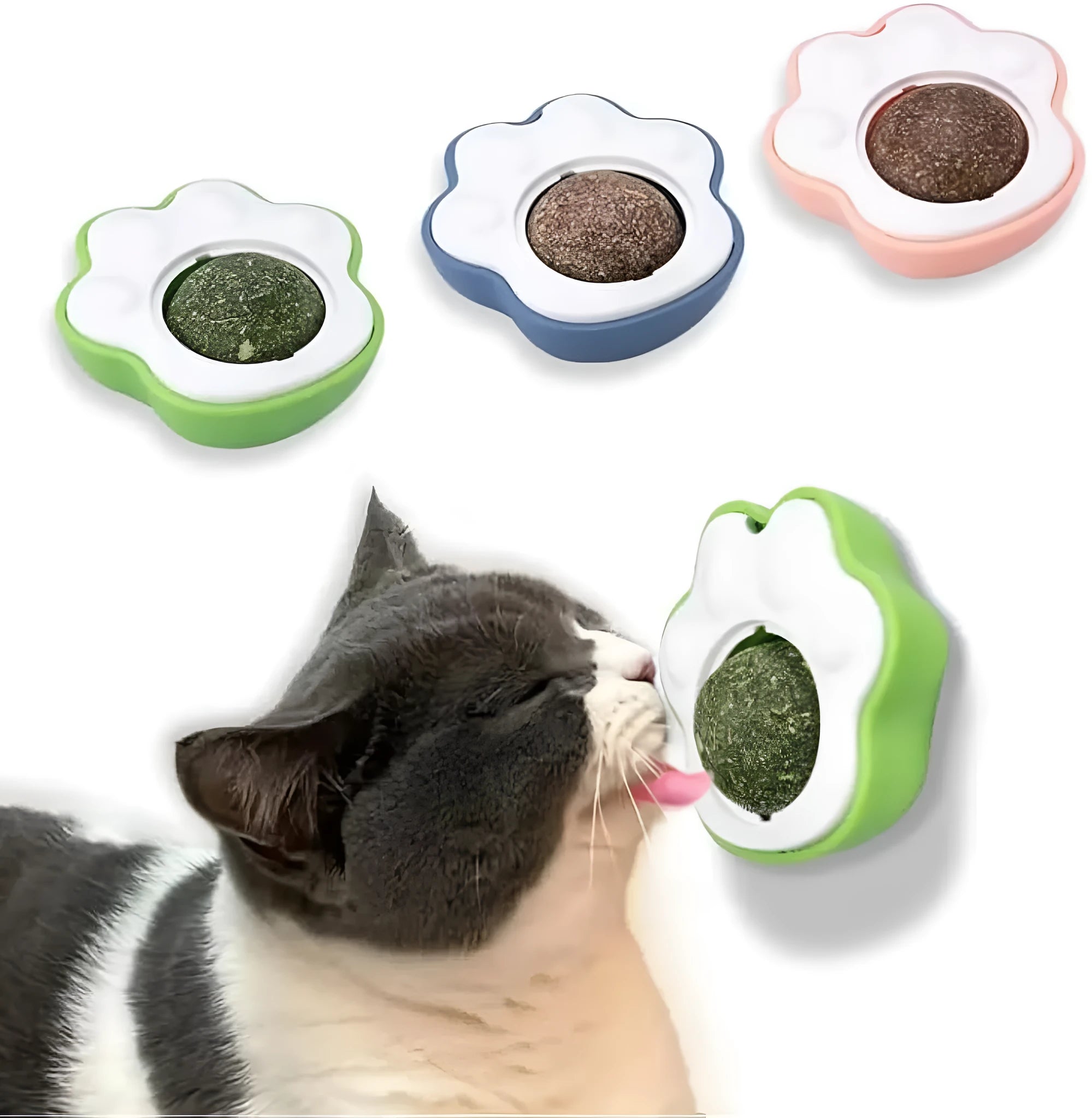 Edible catnip dental chew balls in blue, green, and pink colours measuring 45x33x50mm
