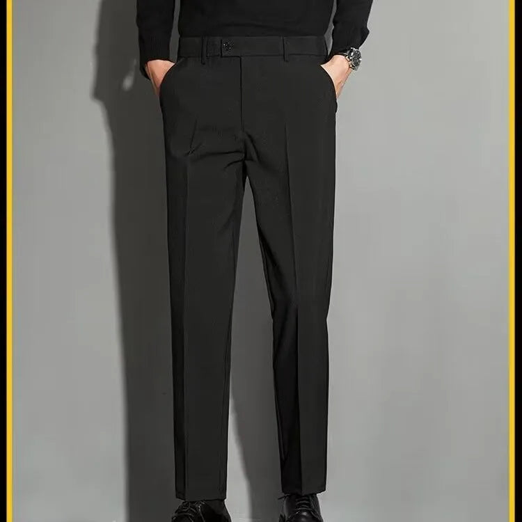 Men's straight-leg ankle-length suit trousers in chemical fibre blend fabric shown in multiple colour options