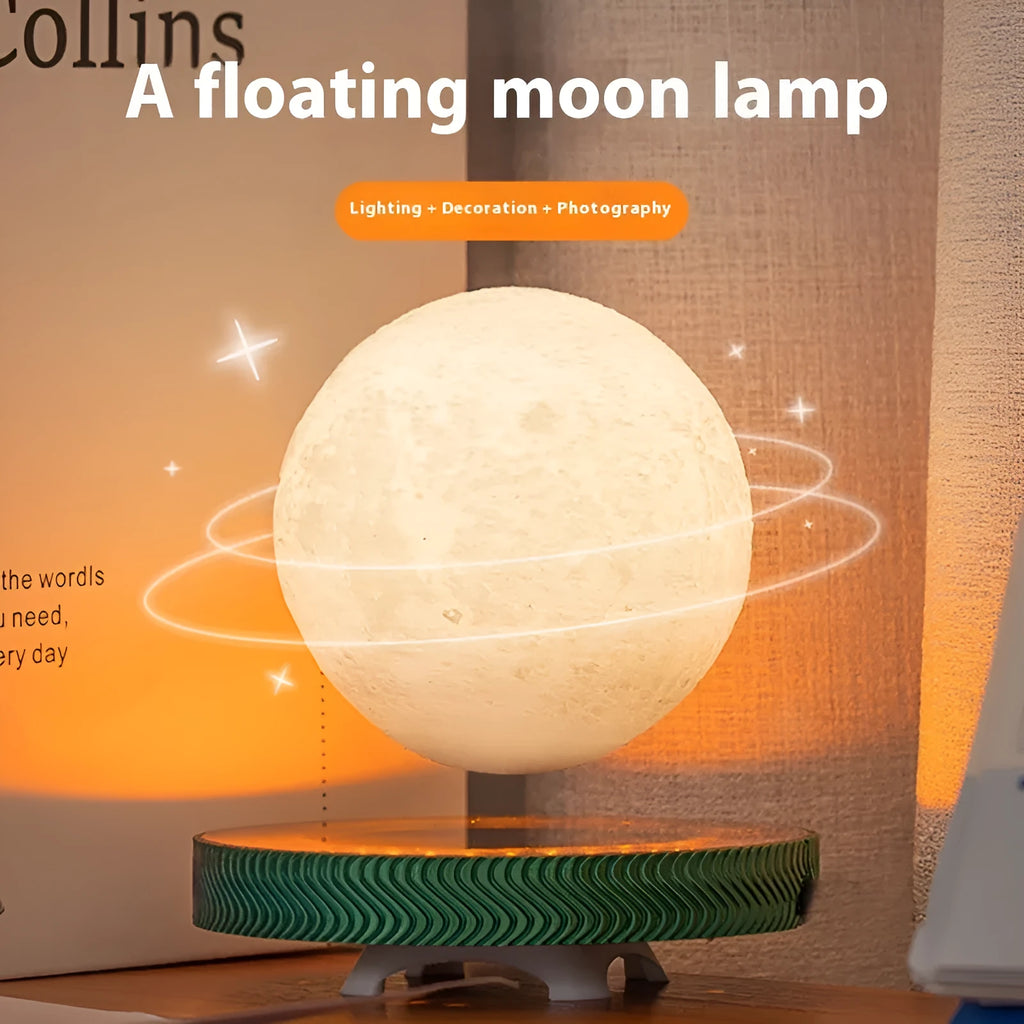Magnetic suspension moon lamp with 3D printed celestial design floating above surface