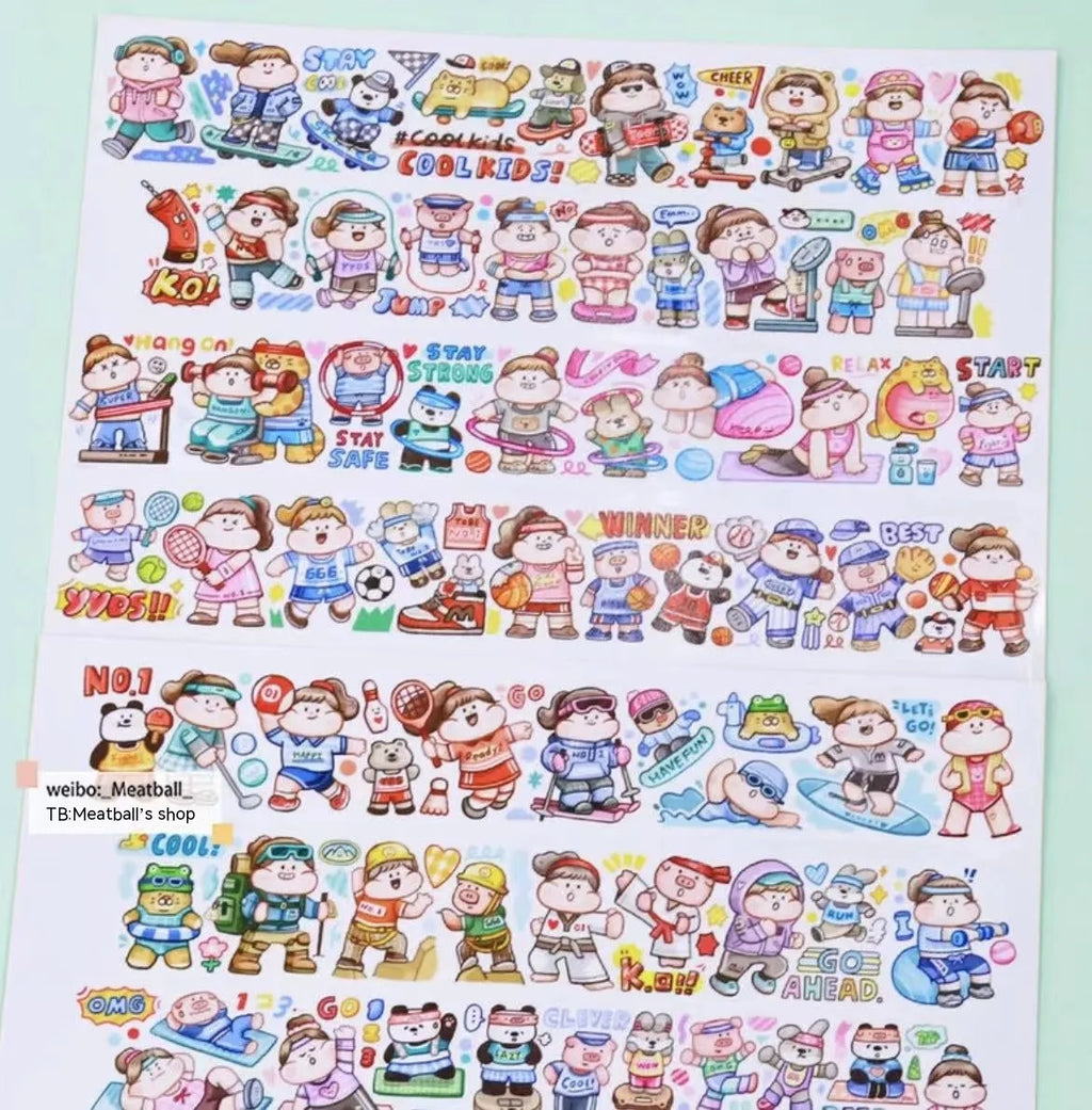 Sheet of cute cartoon character stickers on Japanese paper for haemorrhoid tape packaging.