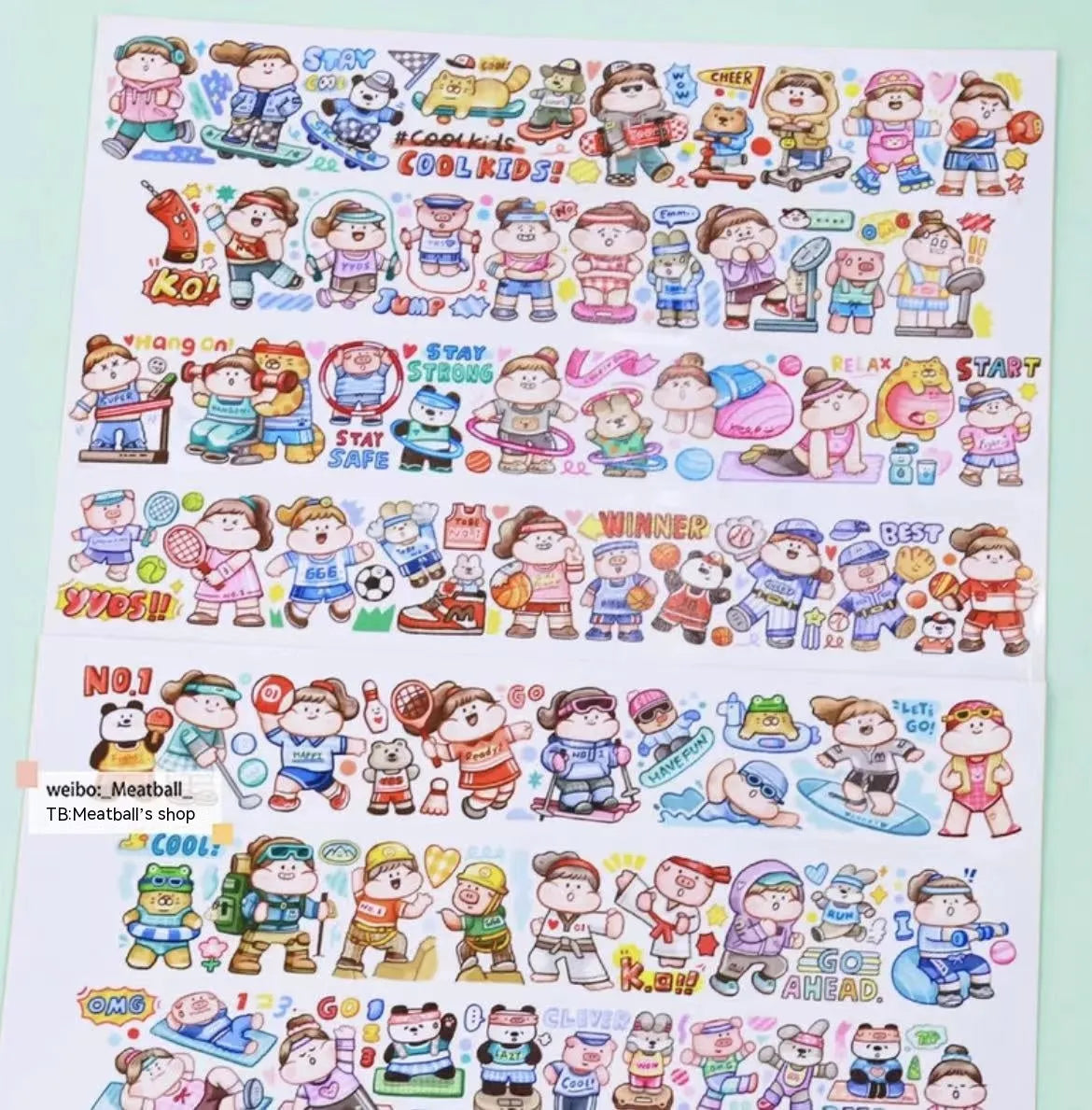 Sheet of cute cartoon character stickers on Japanese paper for haemorrhoid tape packaging.