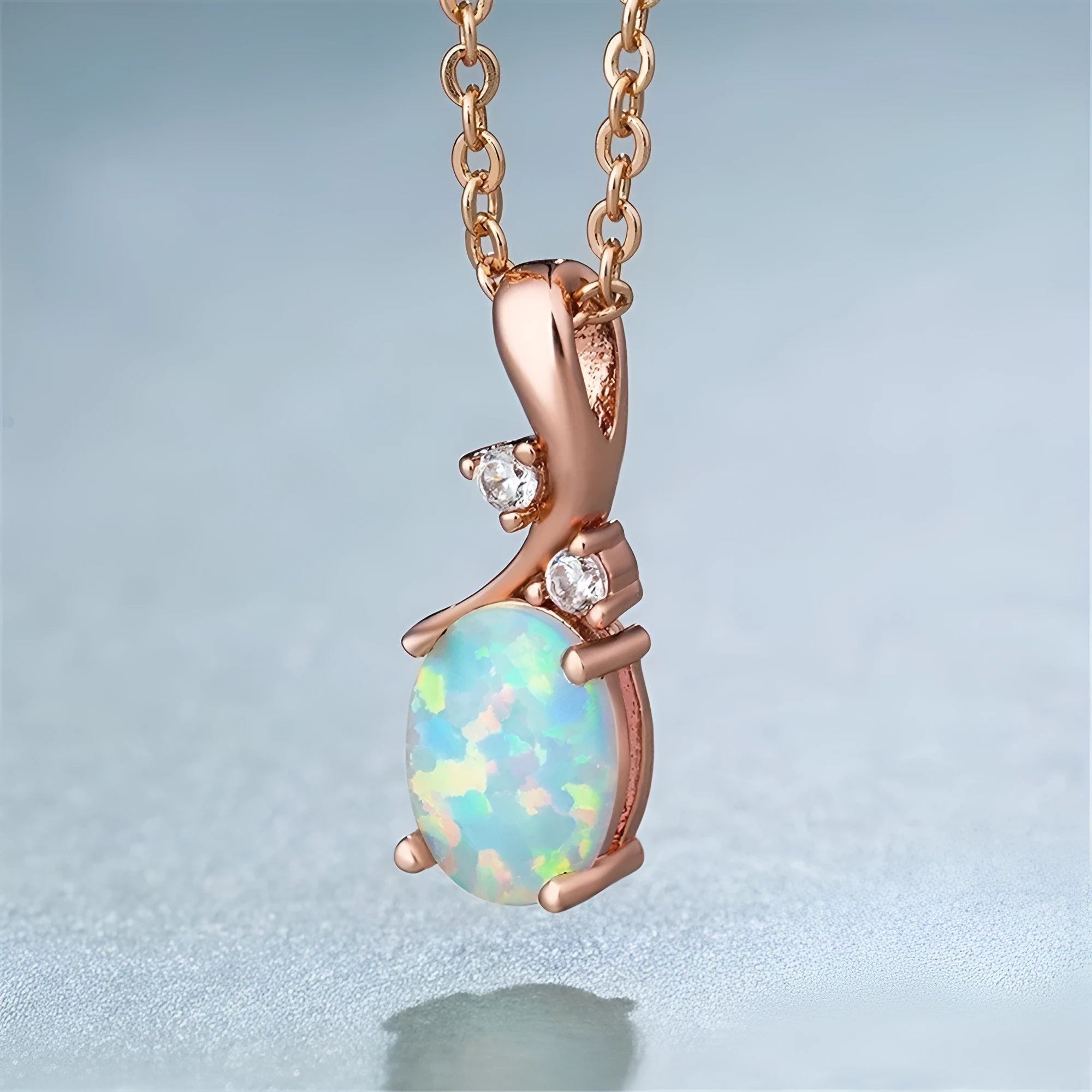 Water drop opal pendant necklace with adjustable chain in rose gold or white colour
