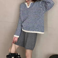 Retro striped cashmere pullover sweater for women in loose free size fit with 50cm length