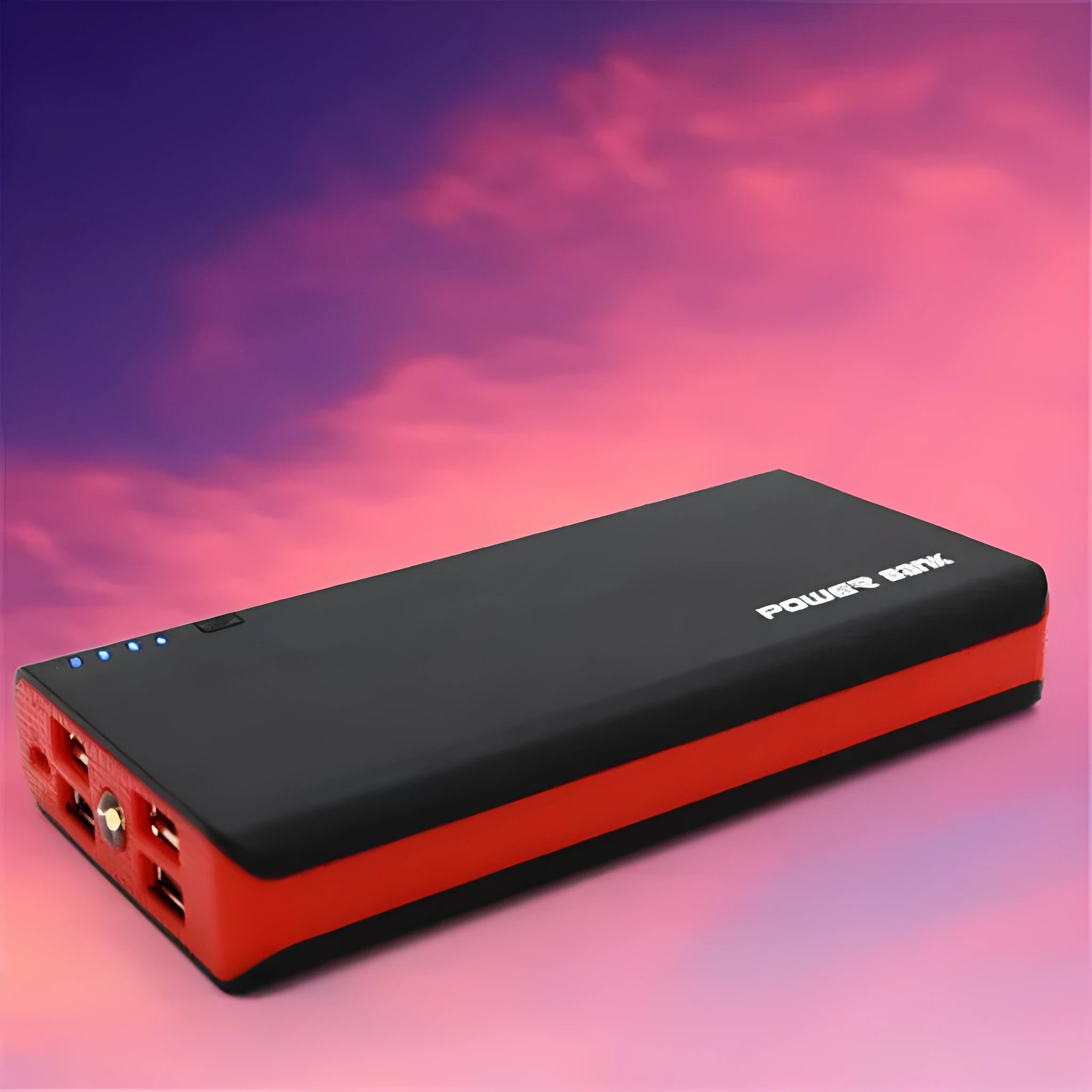 20000mAh mobile power bank in red, blue, green, yellow, and black colours showing front display and charging ports