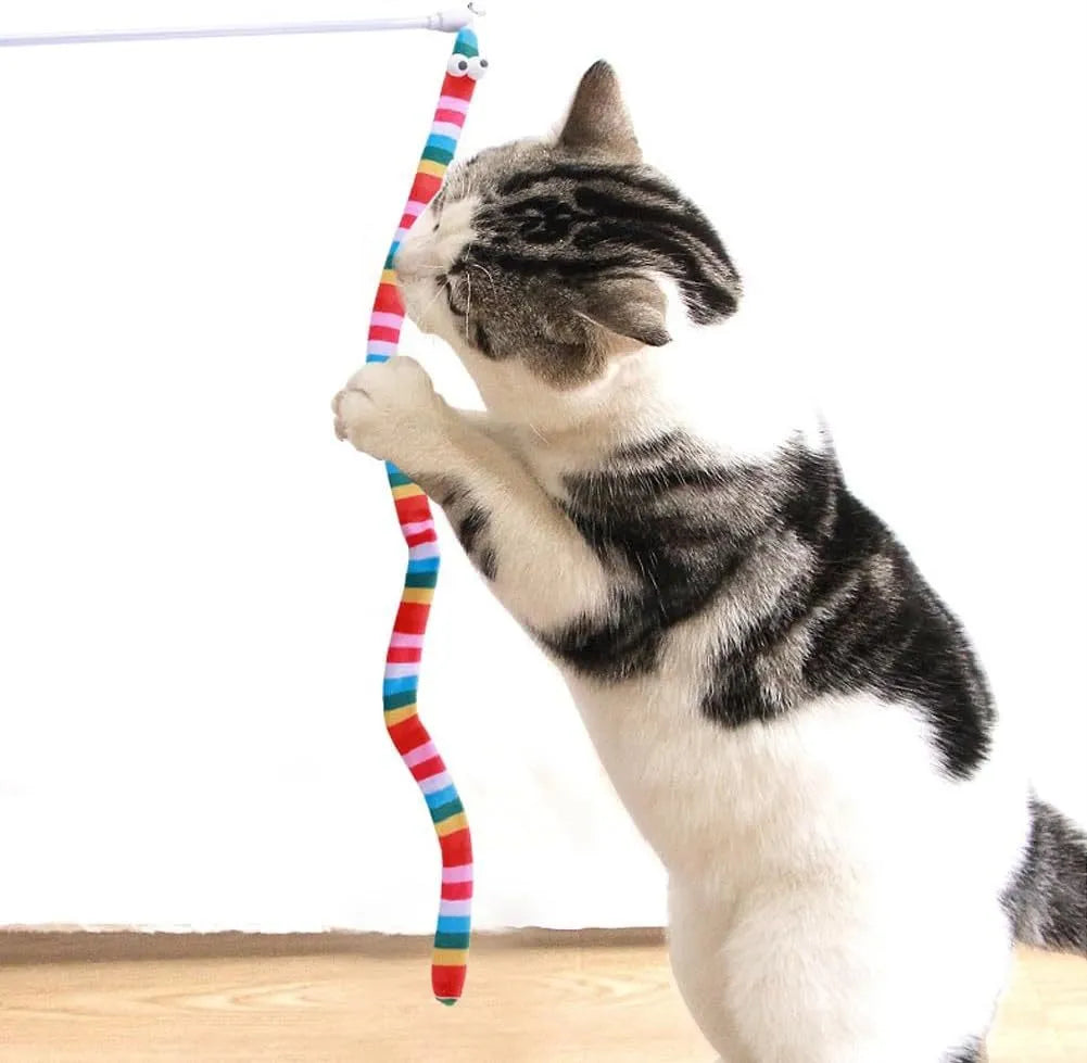 Cat wand toy with colourful plush strip and bell on a polycarbonate pole for interactive play