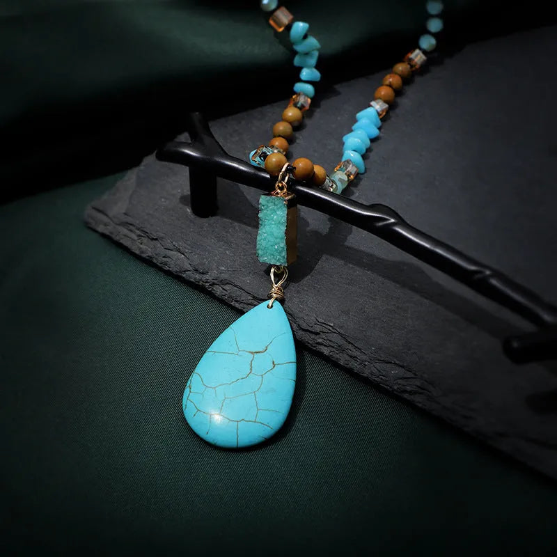 Turquoise water drop pendant necklace with mixed gemstone inlay on 81cm ball bead chain