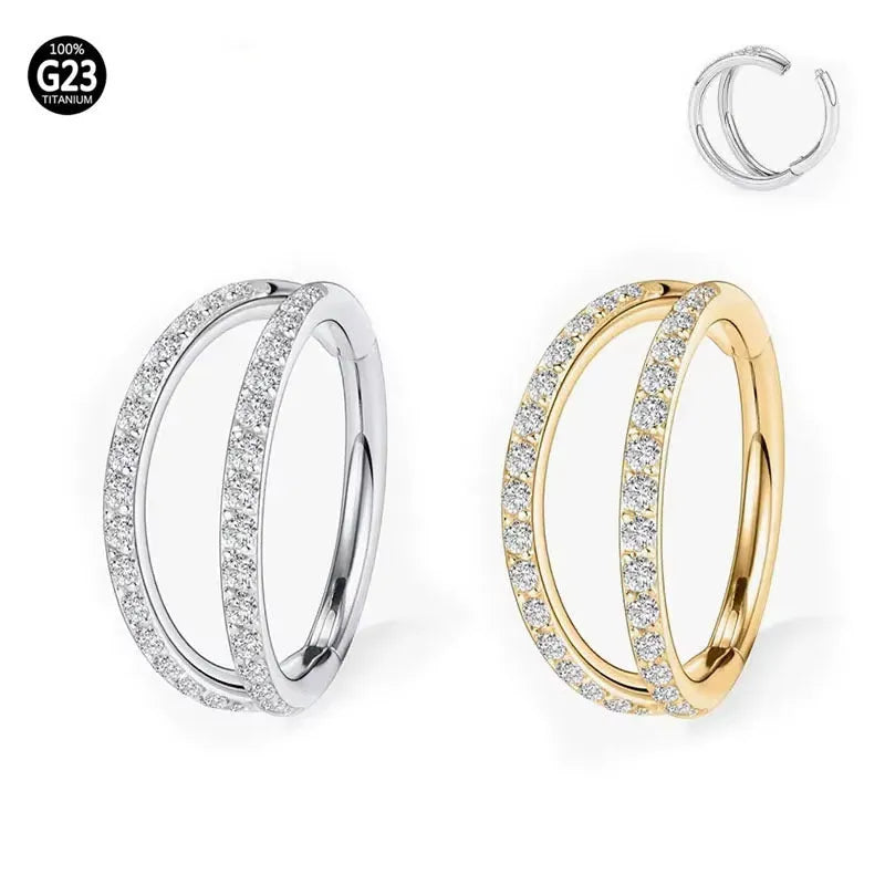 G23 titanium alloy body jewellery ring in gold or steel colour with diamond treatment, showing hoop design.