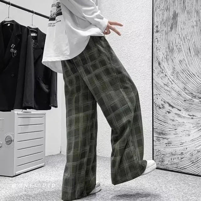 Japanese retro plaid straight-leg trousers in black or green colours