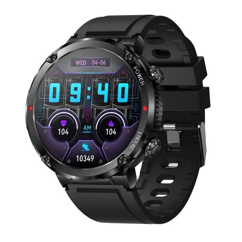 T30 Smart Watch in black on wrist, showing 52mm IPS screen displaying time and heart rate.