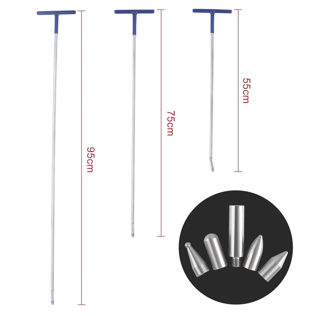 Three alloy steel car dent repair tools with hook crowbar designs on grey background