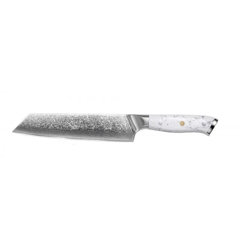Damascus pattern chef's knife with 21cm blade and 11cm handle showing modern simple design