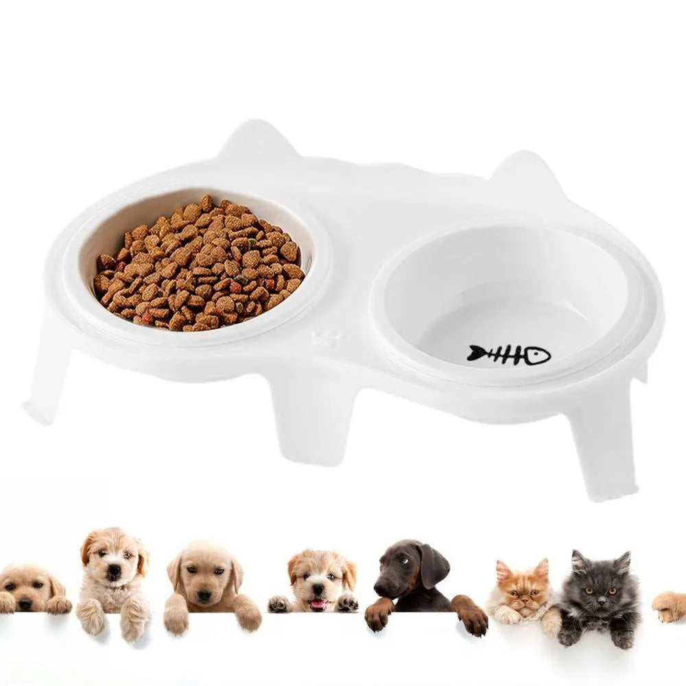 Ceramic cat food and water bowl set with elevated tilted stand in choice of colours