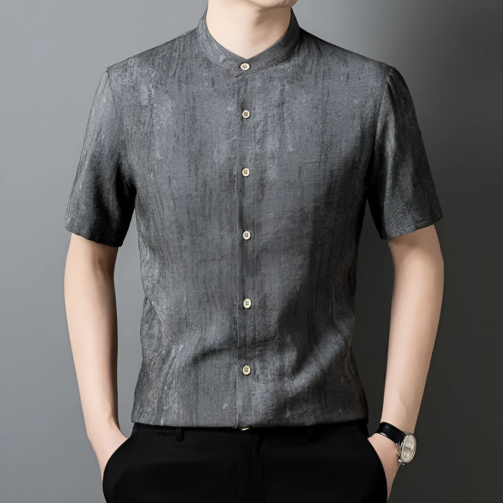 Men's loose fit linen-style shirt with stand collar in viscose blend fabric