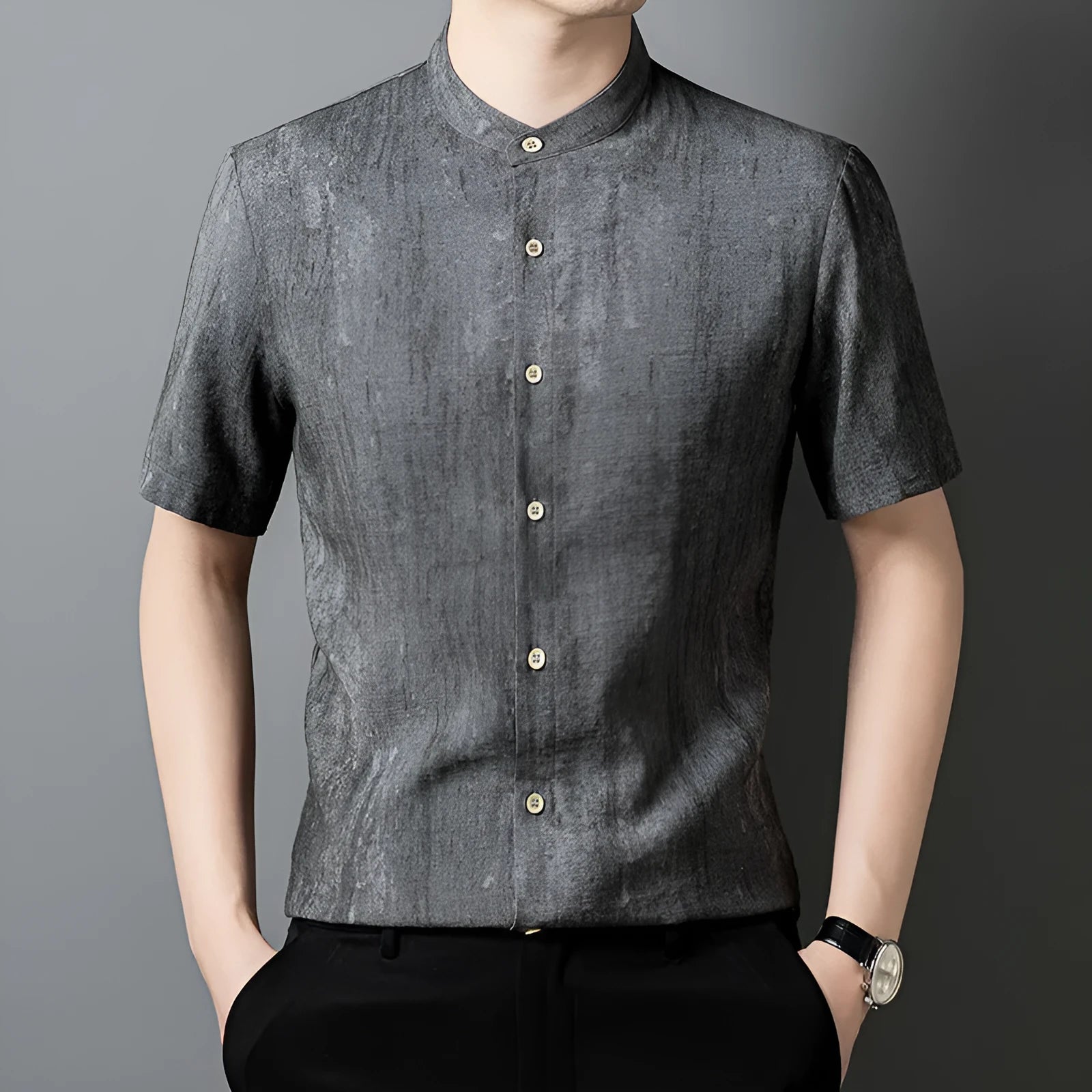 Men's loose fit linen-style shirt with stand collar in viscose blend fabric