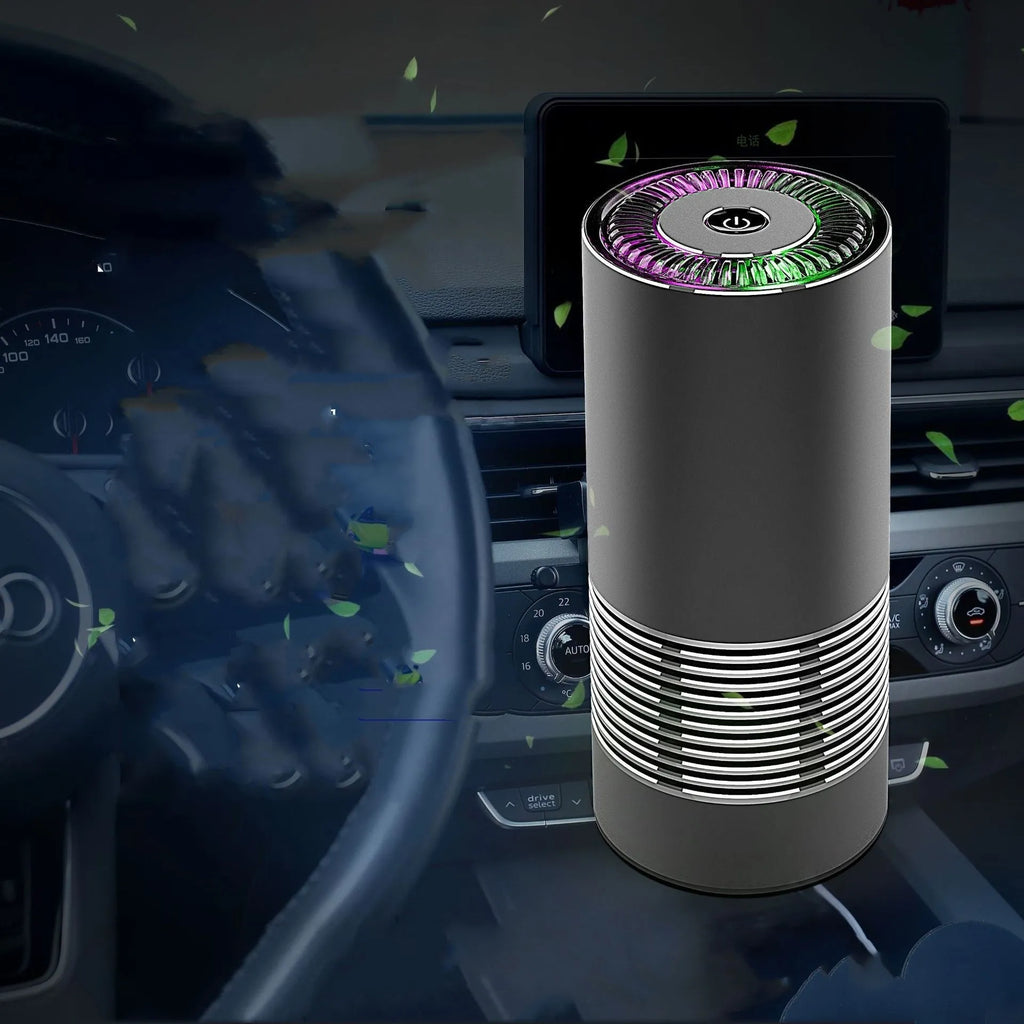 Aluminium alloy car air purifier measuring 65x150mm with 300W negative ion technology for 10m2 vehicle cabins