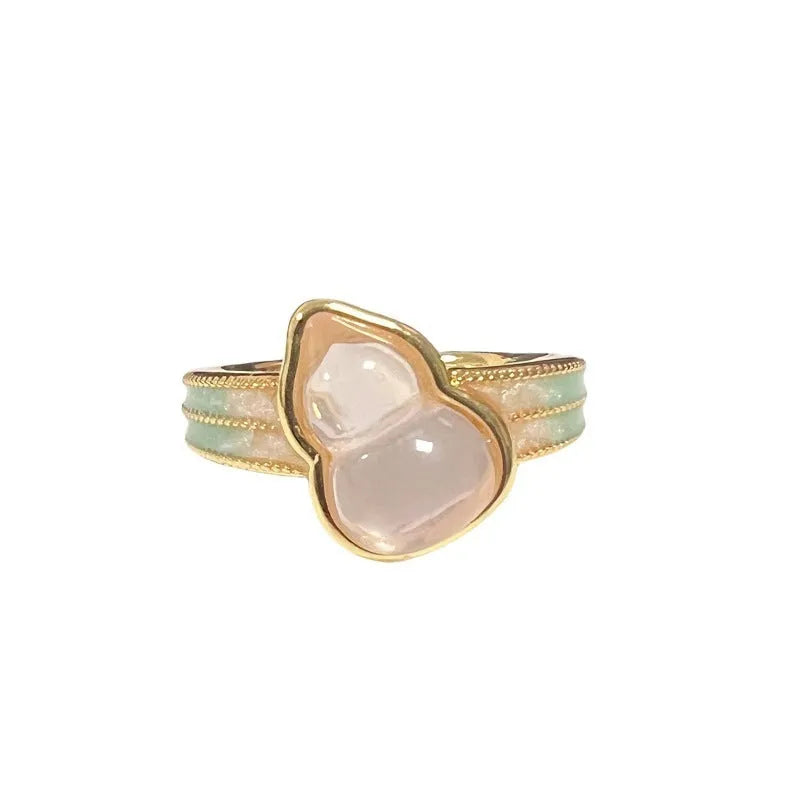 Adjustable copper gourd ring with zircon inlay in vintage oil dripping style