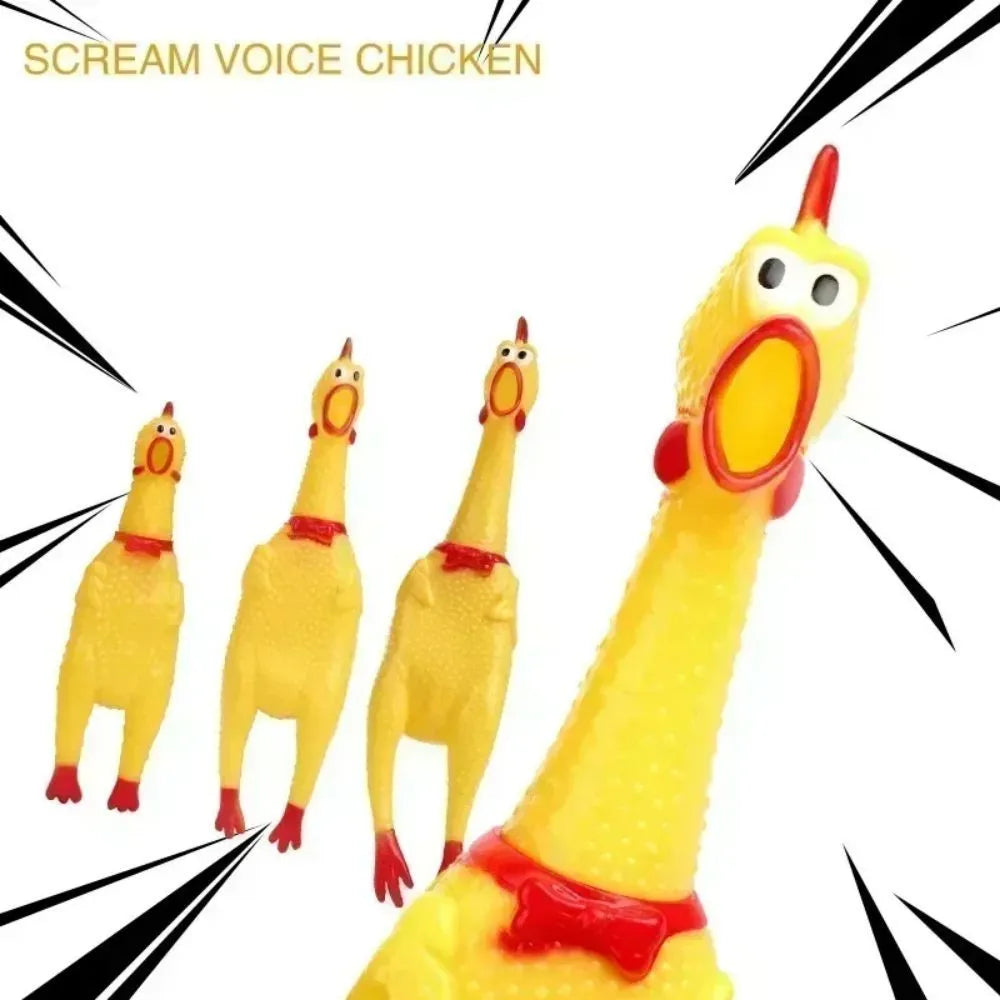 Yellow rubber screaming chicken dog squeak toy shown in small, medium, and large sizes.