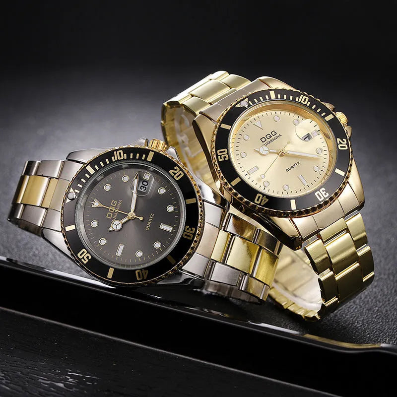 Men's quartz watch with calendar display, 40mm round dial, stainless steel strap, gold and black colour options