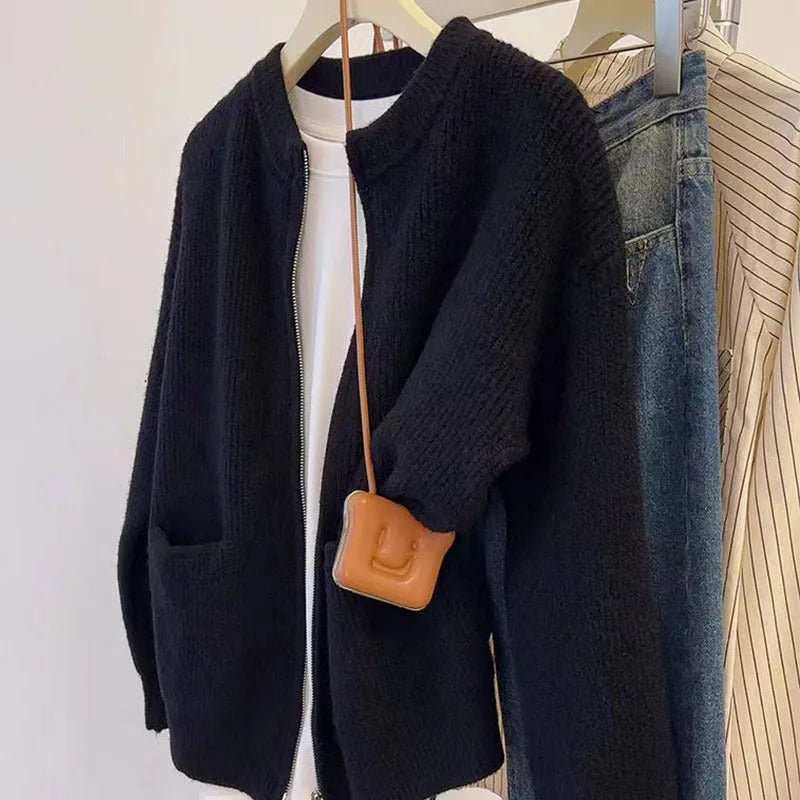 Beige women's loose knit cardigan coat with long sleeves and temperature-sensitive viscose fabric