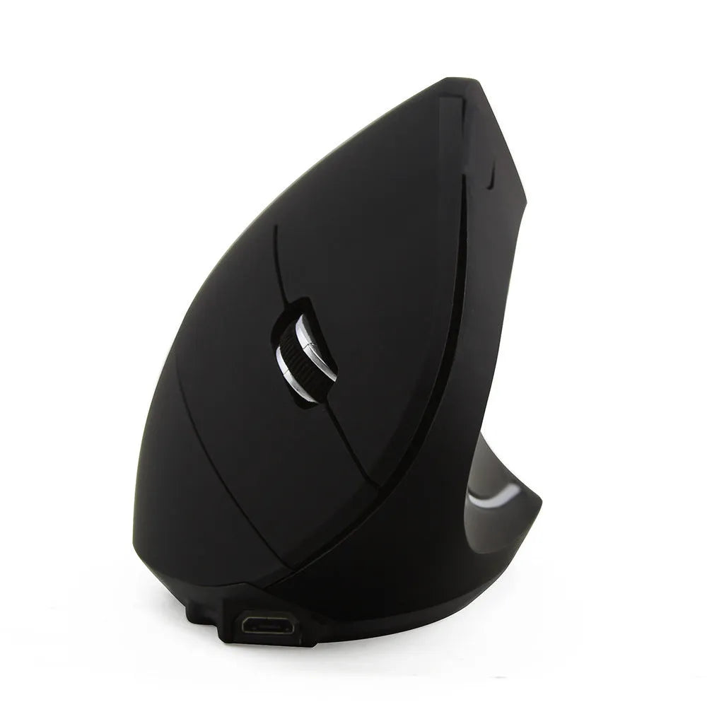 Vertical Vertical wired optical mouse in black with USB cable, six buttons, and four-way wheel on a laptop desk