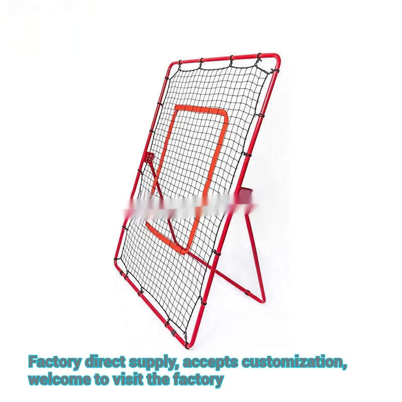 Red 4x6FT adjustable baseball training net with steel frame shown in garden setting