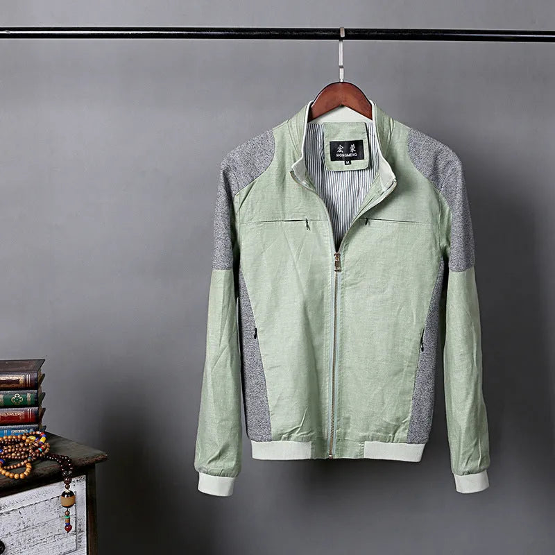 Men's lightweight cotton linen jacket in heather grey, shown on a hanger.