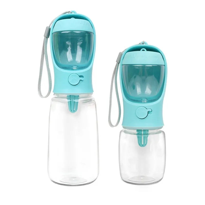 Blue plastic portable dog drinking cup with integrated food storage compartment for walks and travel