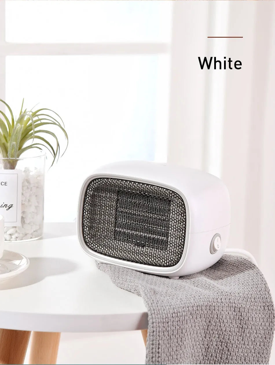 Mini ceramic desk heater in green colour showing compact rectangular design with safety grille