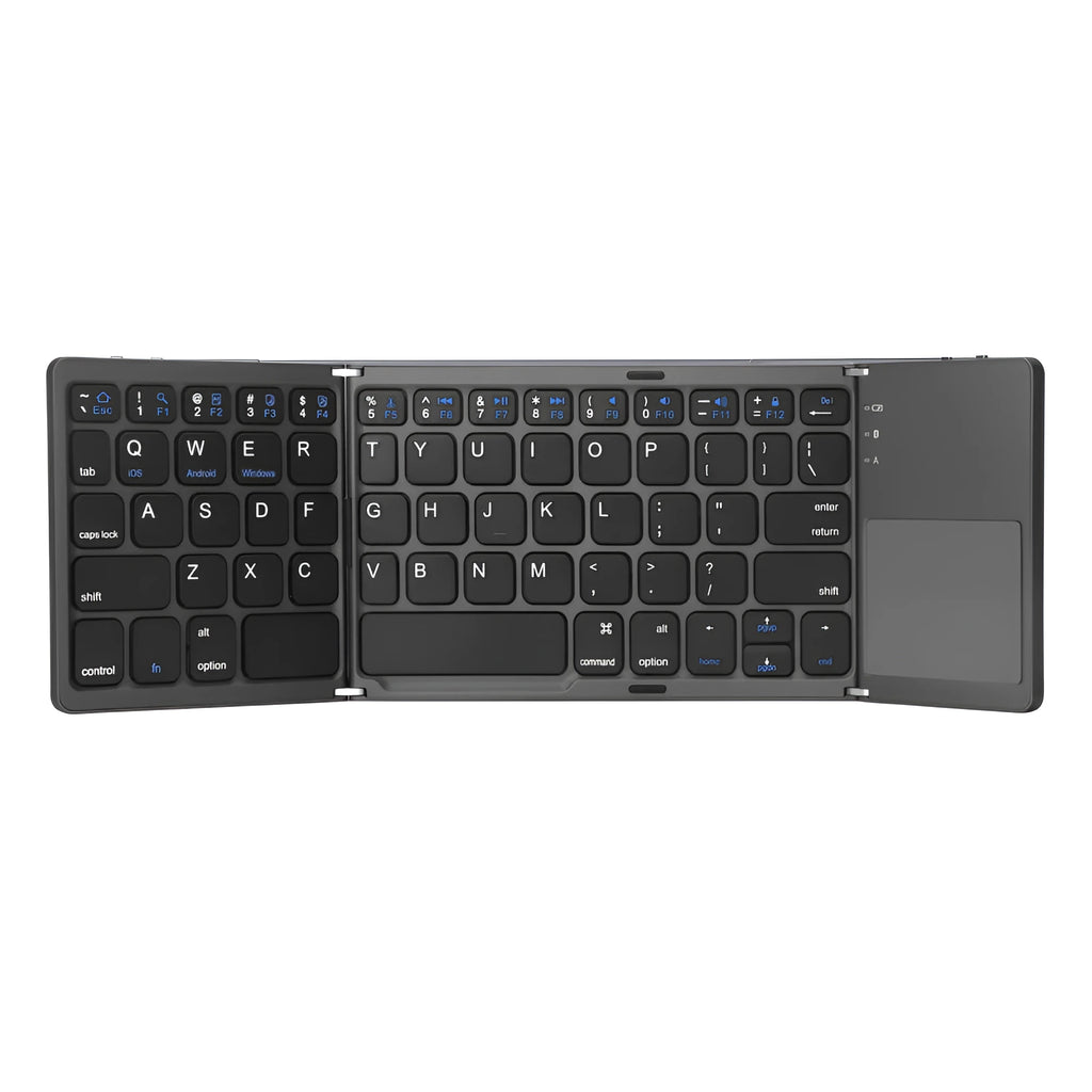 Tri-fold folding Bluetooth keyboard with touchpad in black or silvery white, shown folded and unfolded