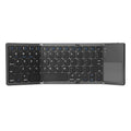 Tri-fold folding Bluetooth keyboard with touchpad in black or silvery white, shown folded and unfolded