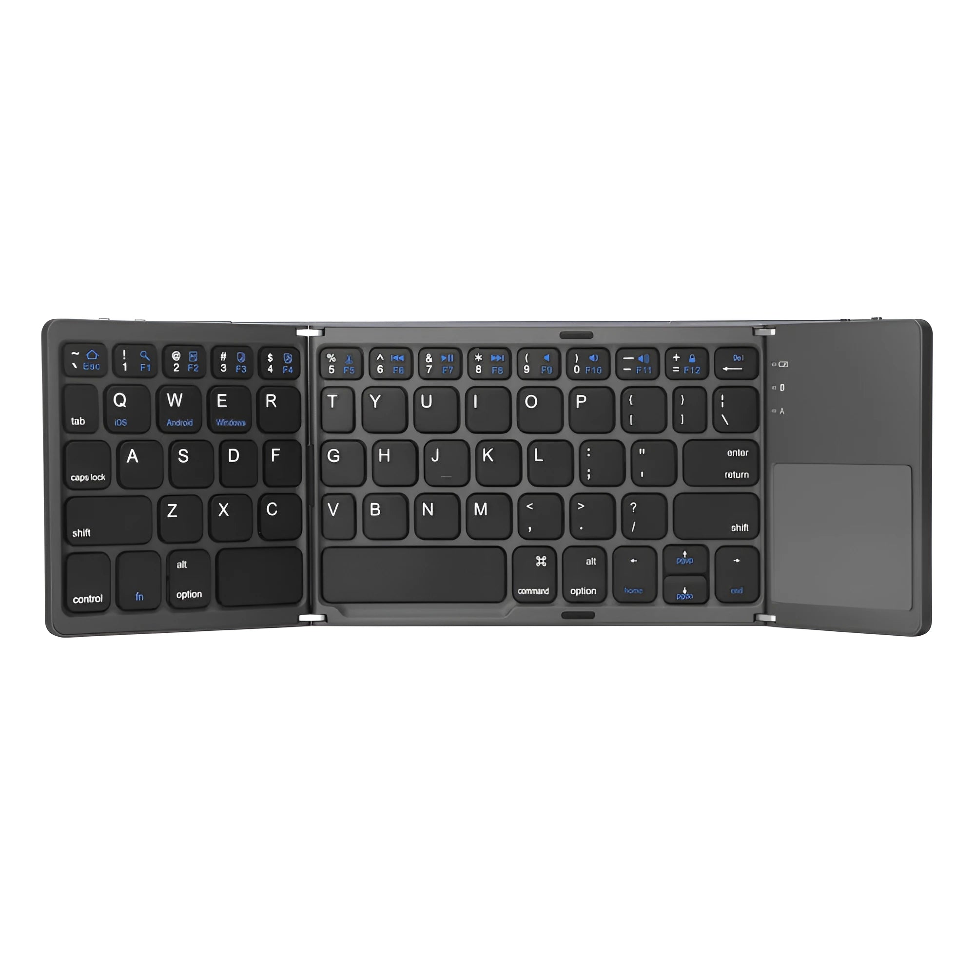 Tri-fold folding Bluetooth keyboard with touchpad in black or silvery white, shown folded and unfolded